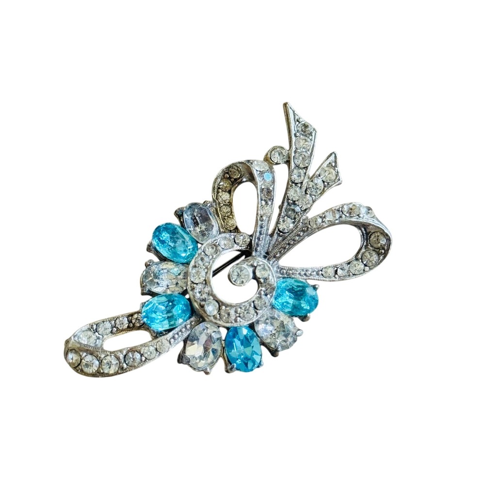 Joseph Wiesner NY Rhinestone Brooch Pin VTG Silver Blue Faux Aquamarine Wave 50s